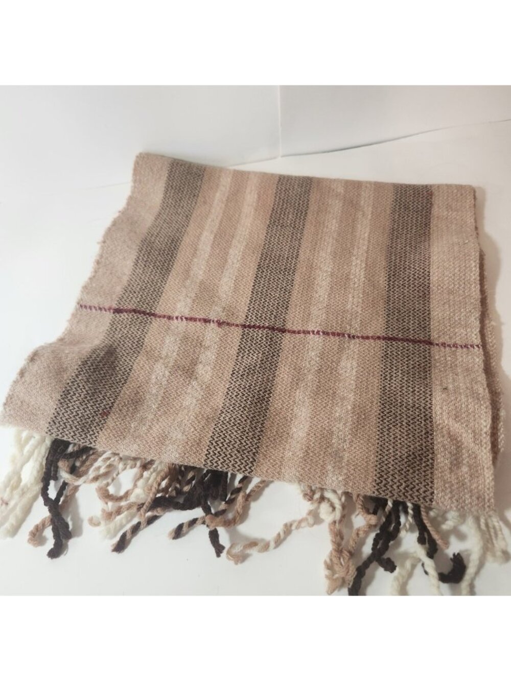 Vintage Striped Woven Scarf Tan Brown Cream Fringe Tassel Soft Knit Winter Scarf
